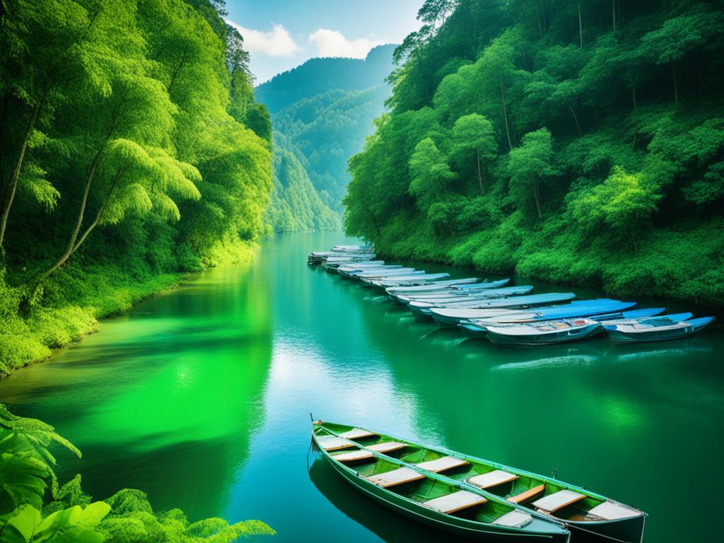 A serene river flowing through a lush green forest with several boats docked to the side, indicating different sources of passive income.