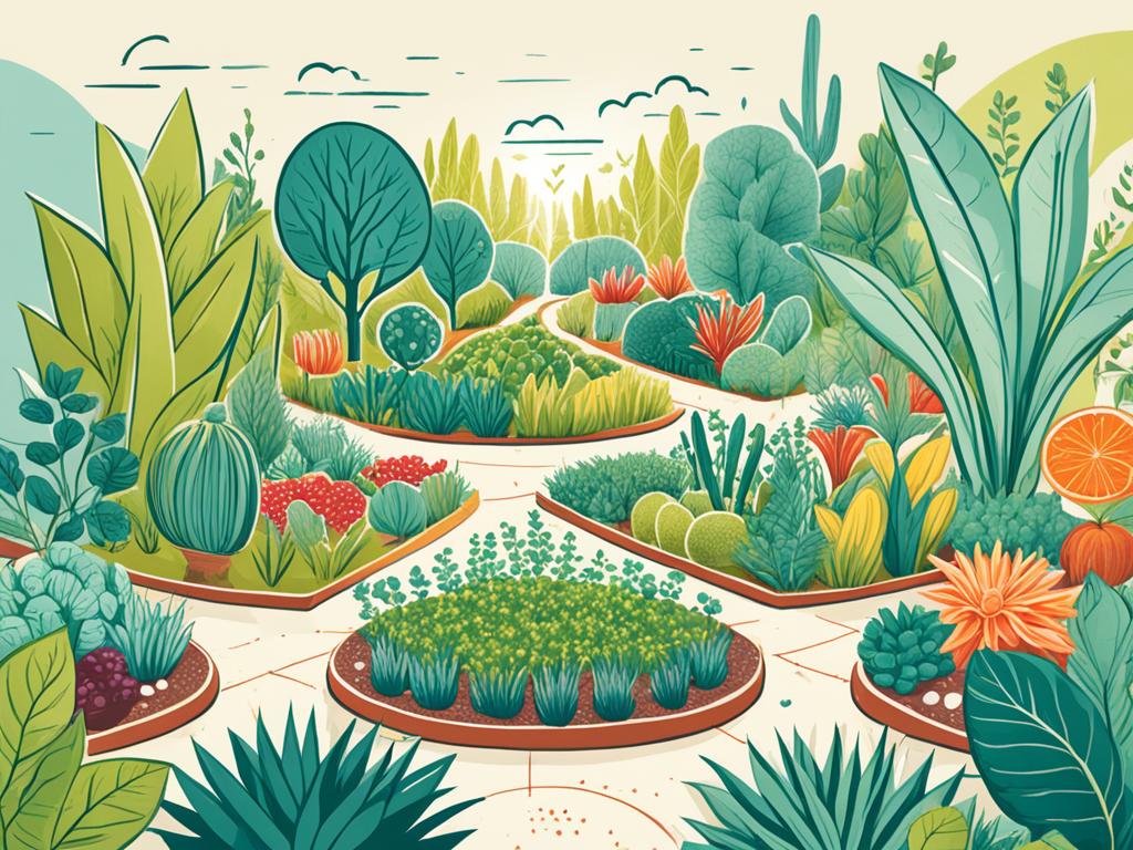 An illustration of a diverse garden with multiple plants, each flourishing and bearing financial fruits.