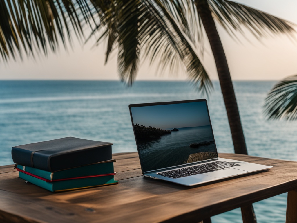 An image of a tranquil beach with a hammock shaded by palm trees, overlooking a calm sea. In the foreground, a laptop and a stack of books on personal finance sit on a wooden table. The laptop screen shows a graph of passive income streams, while the books have titles such as "The Power of Dividends" and "Real Estate Investing for Beginners."