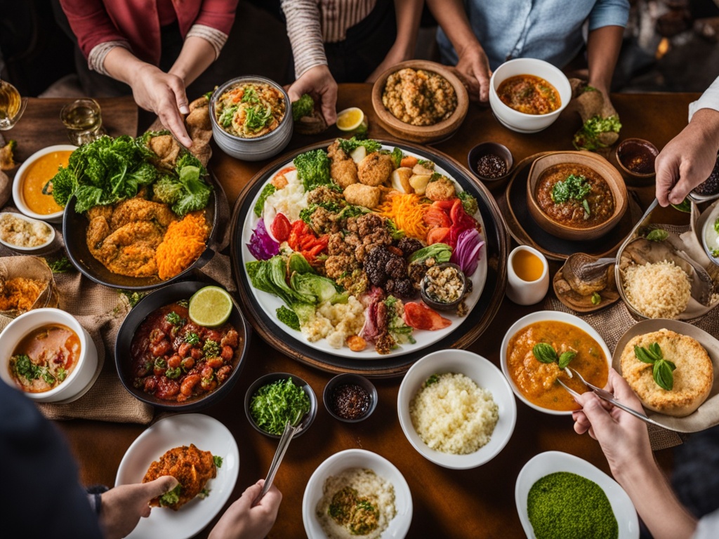 A colorful plate of food with a variety of textures and ingredients, showcasing the fusion of different cuisines. In the background, a group of people of different ages and ethnicities gather around a table, enjoying the meal and engaging in conversation. The atmosphere is lively and vibrant, reflecting the excitement around discovering new culinary trends.