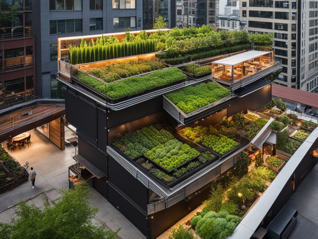 An image featuring plants growing in unexpected places, such as a vertical garden on the side of a skyscraper or herbs growing out of a repurposed shipping container. The plants are lush and vibrant, showcasing the innovative ways that plant-based cuisine is being incorporated into modern urban environments. The image includes people enjoying meals made from these fresh ingredients, perhaps in a trendy outdoor dining area or food truck park. Overall, the image conveys the excitement and creativity of the plant-based culinary trend.