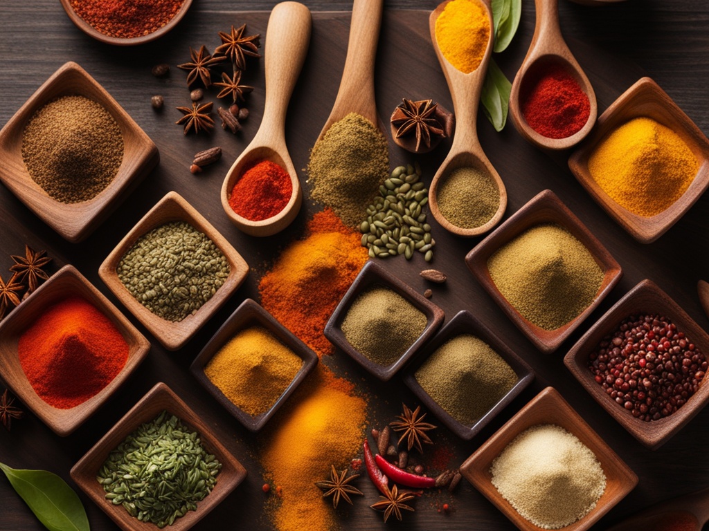 An image showcasing an array of colorful spice blends from around the world, with each blend presented in its own unique container. The spices are arranged in an artistic and visually appealing manner, with a focus on highlighting the diverse range of flavors and culinary influences. It uses bold and vibrant colors to draw attention to the different spices, and experiment with different shapes and textures.