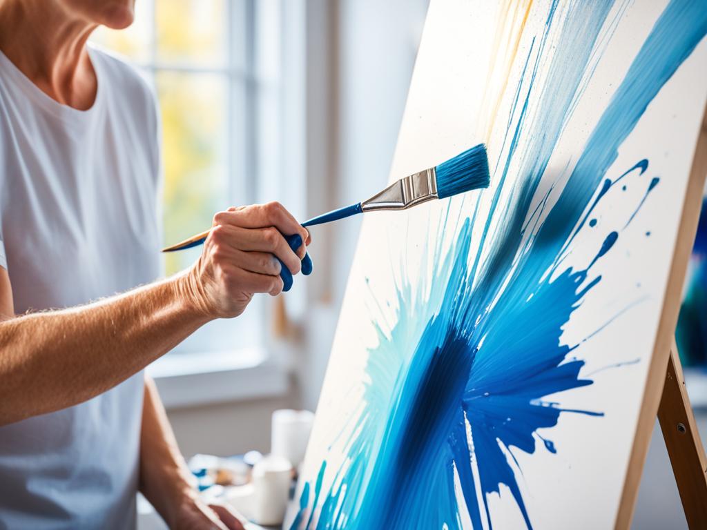 Leisure: A paintbrush delicately dipped into vibrant blue paint, hovering above a blank canvas with anticipation. The artist's hand poised to create something beautiful with each stroke. Rays of sunlight streaming in through a nearby window, illuminating the messy yet charming art studio.