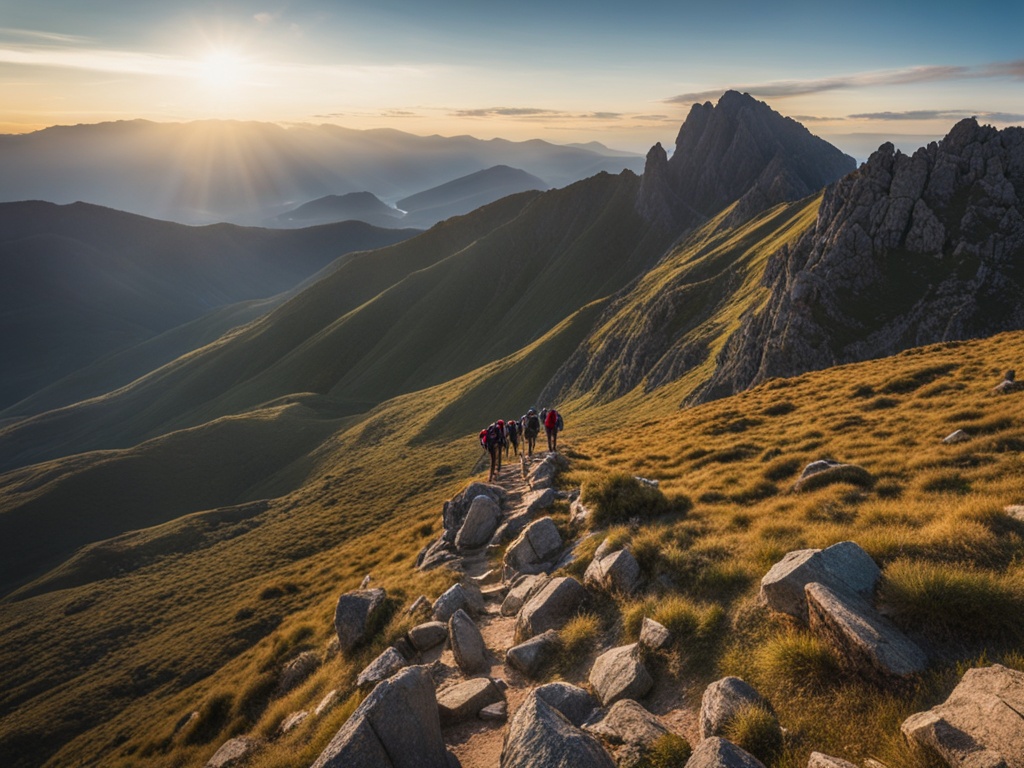 A group of people hiking up a steep mountain trail, with the sun shining brightly and casting long shadows behind them. They're wearing backpacks and sturdy hiking boots, as they push themselves to reach the summit. In the distance, you can see the rolling hills and valleys of the surrounding countryside, with fields and forests stretching out as far as the eye can see. The mountain itself is rocky and rugged, with jagged peaks and deep crevices that make for a challenging ascent.