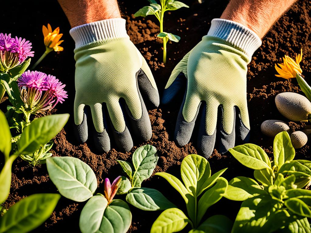 A pair of hands wearing gardening gloves delicately holding a small trowel, surrounded by dirt and various plants and flowers in different stages of growth. The sun is shining down on the scene, creating shadows and highlighting the intricate details of the leaves and petals. There is a sense of peace and tranquility in the air, as if the gardener is lost in their own world, enjoying the process of nurturing life.