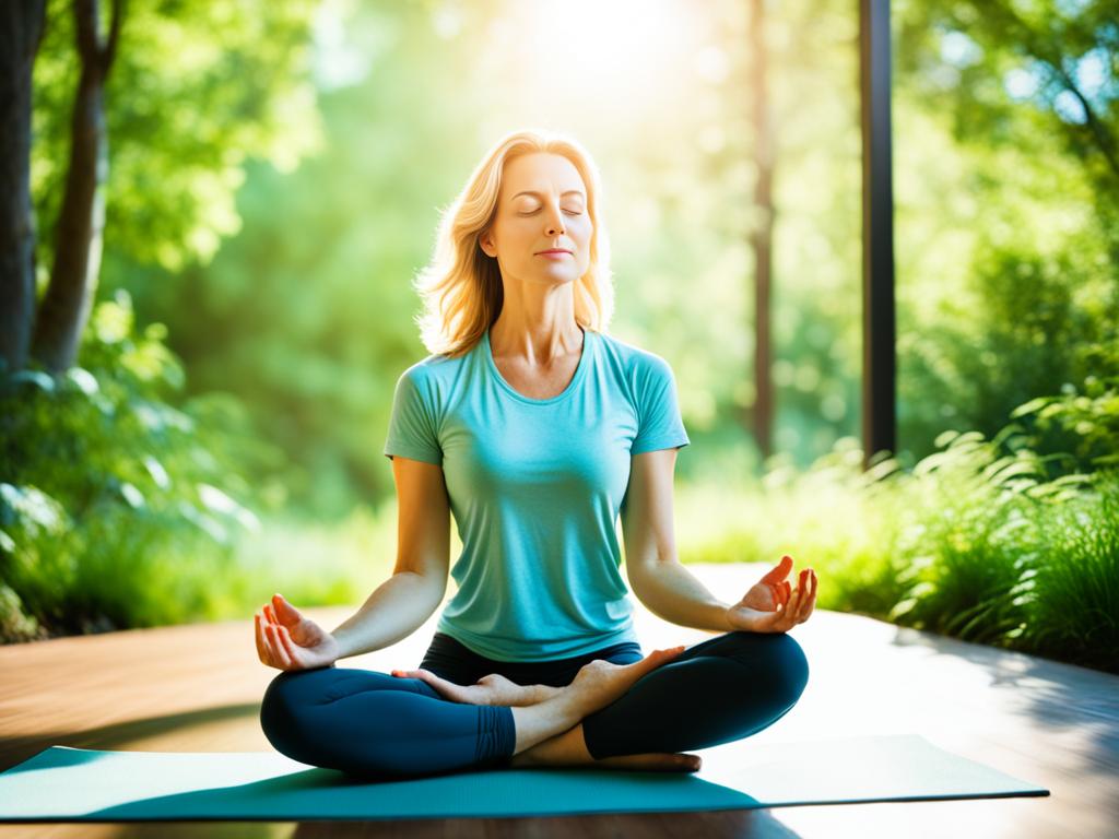 Leisure: A serene and peaceful environment with a lady sitting cross-legged on a yoga mat. The lady has her eyes closed, and her hands on her knees in a meditative pose. There is a soft glow emanating from her body, and surrounding her are lush green trees and a clear blue sky in the background. The mood of the image evokes feelings of relaxation, mindfulness, and tranquility.