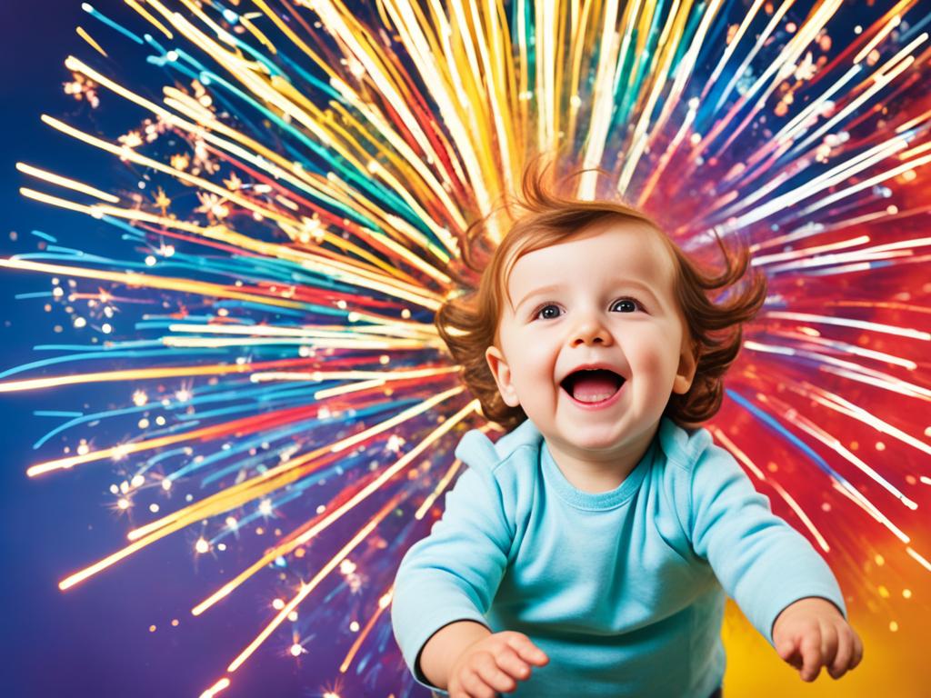 A visual representation of child's growth through colors and shapes. It uses gentle curves for the stages of infancy, sharp angles for the challenges of toddlerhood, and spirals for the constant growth of childhood. It shows milestones with bursts of bright colors, like fireworks exploding in the sky. The image evokes a sense of joy and wonder at the endless possibilities of a child's growth.