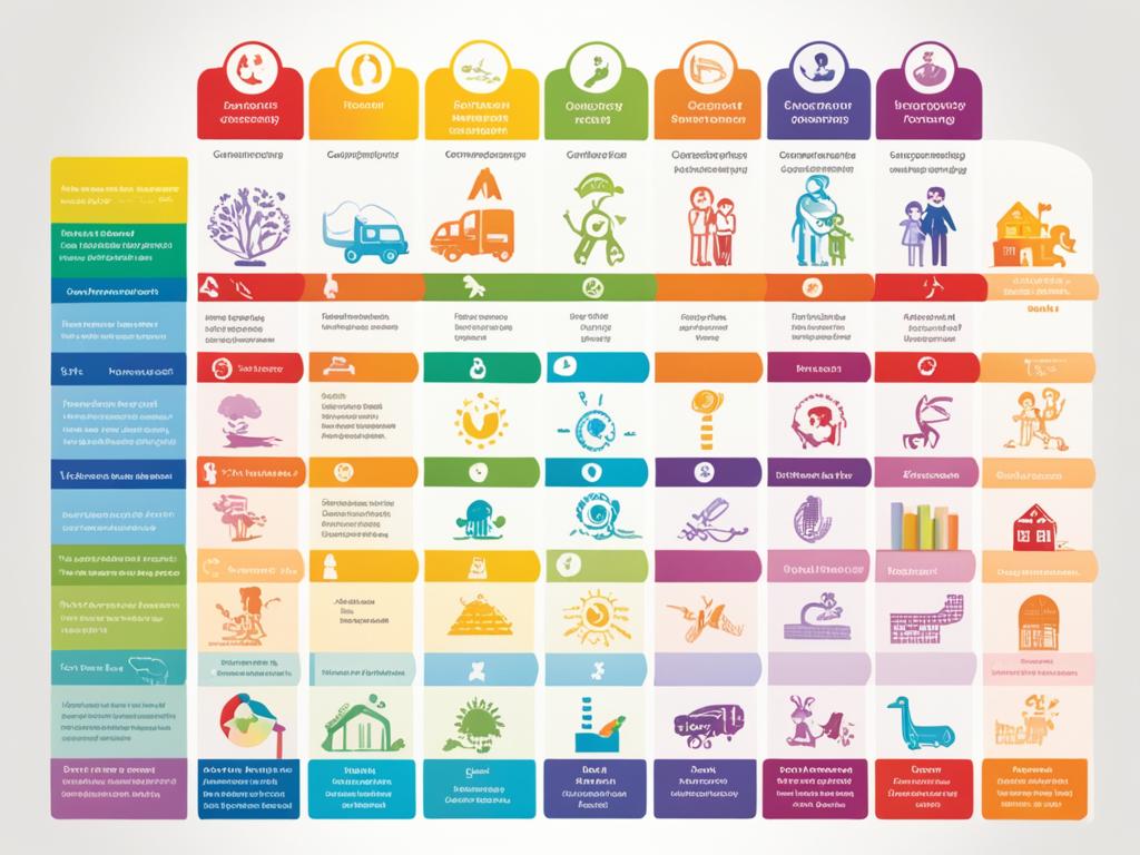 A colorful chart that shows different stages of child's growth from infancy to adolescence. Each stage is represented by a unique symbol and color. The symbols depict various developmental milestones such as crawling, walking, talking, reading, writing, and critical thinking. The colors become more vibrant as the kid progresses through the stages, reflecting their growing abilities and personality. The chart is surrounded by playful illustrations of children engaging in different activities that correspond to different developmental stages, such as playing with toys, sports, and socializing with peers.