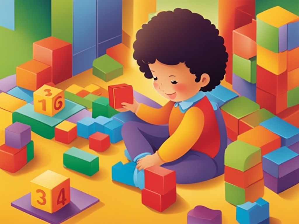 A colorful image illustrating a child engaging in different cognitive activities, such as counting blocks, putting together a puzzle, and reading a book. The image showcases the child's gradual progression from simpler activities to more complex ones, highlighting the different stages of cognitive development. It uses bright colors and playful shapes to create an inviting and engaging visual representation of the topic.