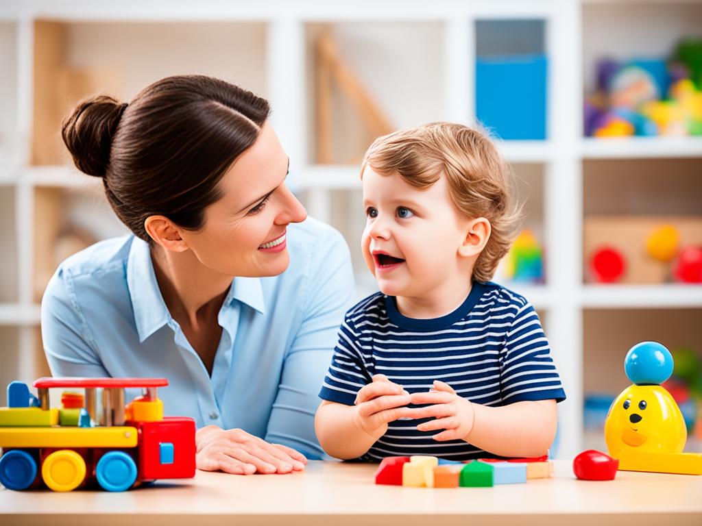 A child and a parent engaging in nonverbal communication, such as making eye contact, facial expressions, and body language, to convey their emotions and thoughts. The child  appears curious and attentive towards the parent's gestures, while the parent is patient and encouraging. The background includes toys and objects that reflect the child's interests. The overall tone of the image conveys warmth, playfulness, and mutual understanding between the parent and child.