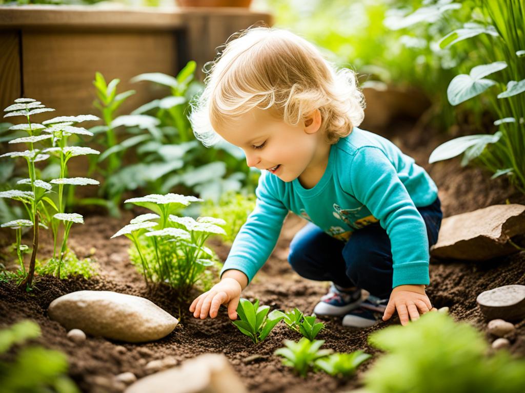 A child exploring and interacting with her environment, displaying curiosity and joy in her discoveries.