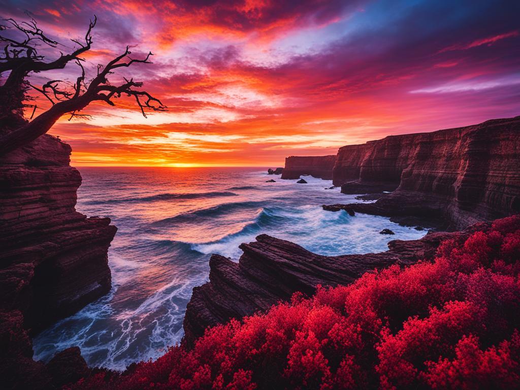 An image that embodies the raw emotion and power of poem through striking imagery, bold colors, and dynamic shapes. It uses elements like a fiery sunset, swirling clouds, and jagged edges to convey the intensity and beauty of poetic expression. Different textures and layering techniques are used to add depth and complexity to the image.