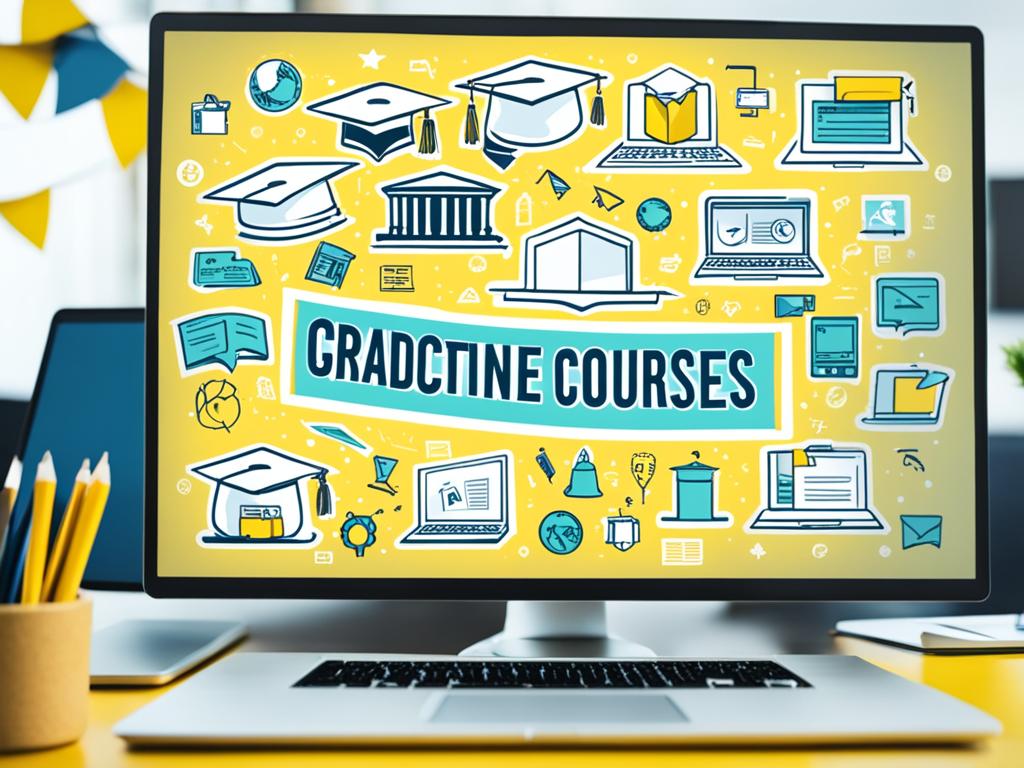 A computer screen displaying a variety of graduation caps, surrounded by icons of different online courses, all with a bright yellow banner that reads "Free Certificate Courses."