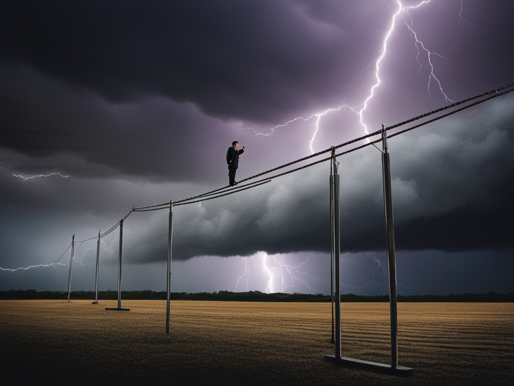 An image showing a person standing on a tightrope with a storm brewing in the background, symbolizing the financial risk that they face in their financial planning and management. The person is balancing precariously on the tightrope, with a look of determination on their face as they take steps forward towards a goal. The storm is represented with dark clouds, lightning bolts, and high winds, conveying the unpredictable and volatile nature of financial risk.