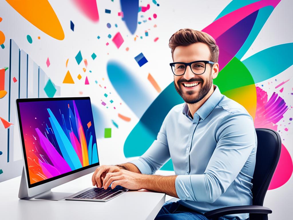 An image of a man sitting in front of a computer, with a vibrant and colorful aura emanating from the screen. The man has a confident posture and a smile on his face, suggesting he is proud of his online presence. The background includes abstract shapes and patterns that suggest creativity, innovation, and forward-thinking.