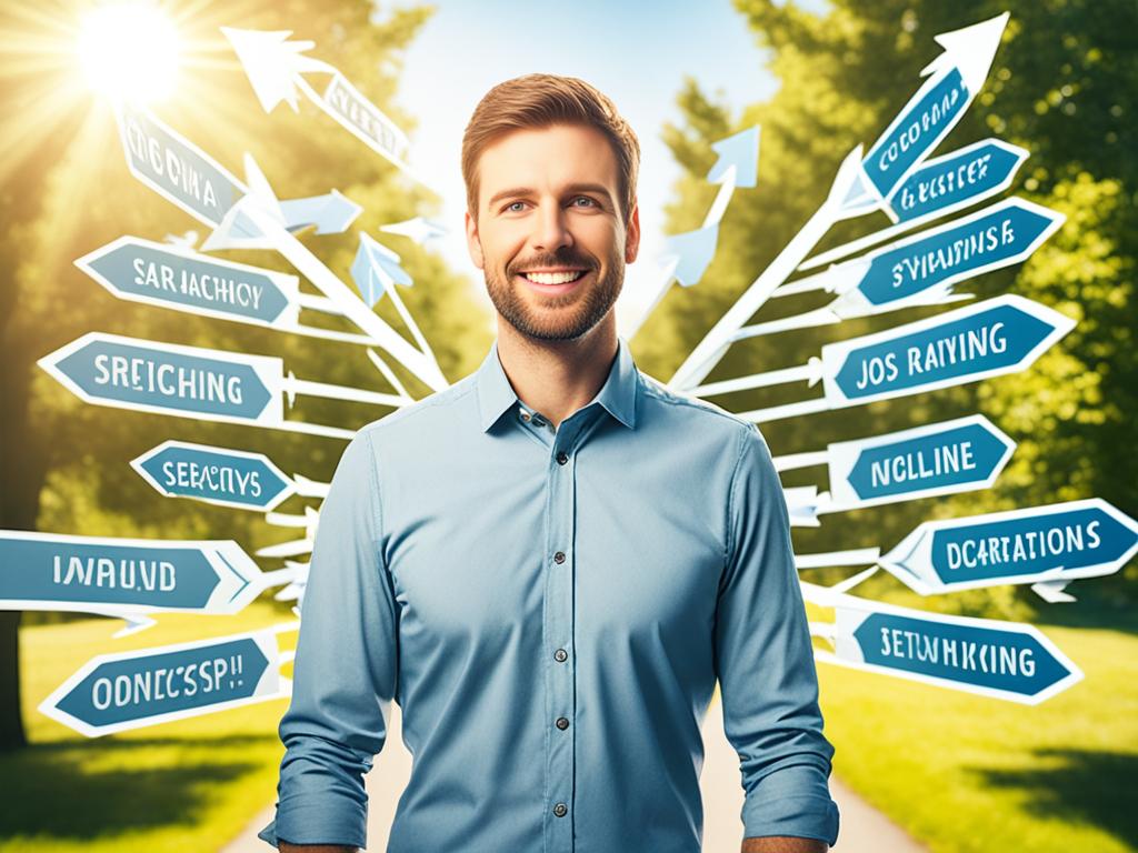 An image of a man standing at a crossroads, with arrows pointing to different directions representing different job search strategies. The man is looking hopeful and determined, with the sun shining down on him. Some of the arrows are labeled with job search tactics like networking and online applications, while others are blank to represent the endless possibilities and choices available.