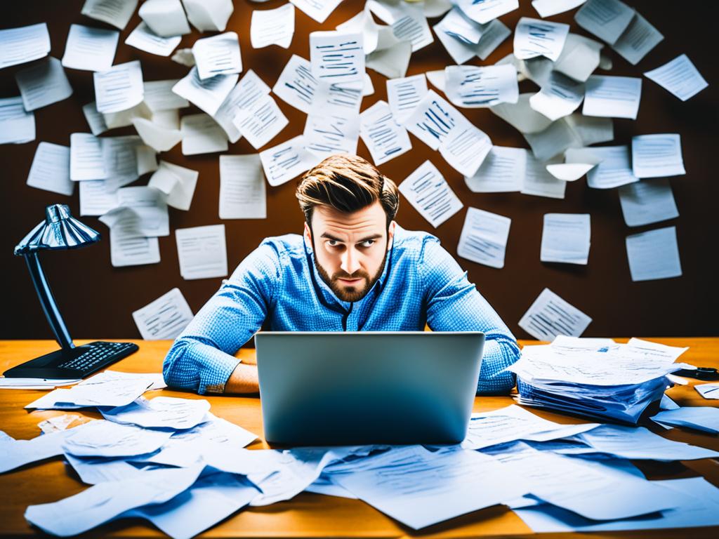 A man sitting at a desk, surrounded by crumpled pieces of paper and pens, with a laptop open in front of him. The man is staring intently at the screen while typing furiously, as if trying to capture the perfect words for his resume. A lightbulb appears above his head, symbolizing an idea or moment of inspiration. In the background, a web-like pattern reminiscent of the Muse Web can be seen, representing the creative energy that can be harnessed through this platform when crafting one's resume.