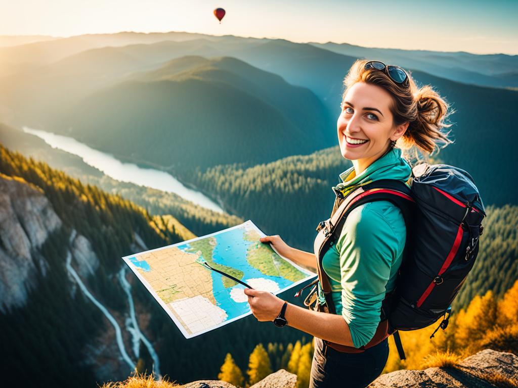 A lady standing at the edge of a cliff, looking out at a vast landscape of mountains and forests, with a sense of wonder and excitement in her eyes. In the distance, a hot air balloon rises into the sky, hinting at the possibility of new adventures and experiences. The lady is holding a map in her hand, ready to explore the unknown.