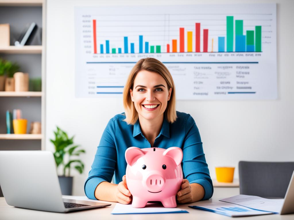 A lady sitting at her desk with a confident expression, surrounded by images of financial stability and security such as a piggy bank, a graph trending upwards, and a cozy home.