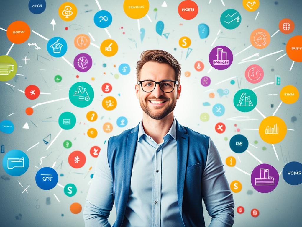 A young man standing confidently in front of a wall covered in colorful graphs and charts, representing his newfound understanding and mastery of financial concepts. A beam of light shines down on him, illuminating his face with clarity and understanding.