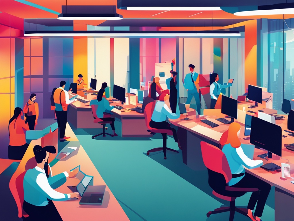 A bustling office environment with employees engaged in multiple activities related to their work, such as typing on their computers, talking on the phone, and creating presentations. The scene is represented with vibrant and energizing colors to convey a sense of productive energy in the workplace.