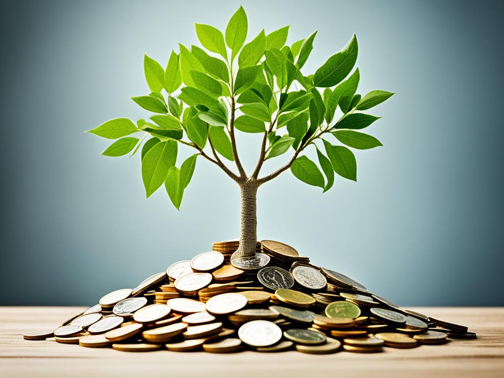 A tree growing from a small pile of coins, with each branch representing a different aspect of financial wellness such as saving, investing, and living below your means. The branches are full of leaves and fruit, indicating the growth and abundance that comes from smart financial habits.