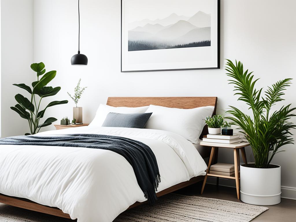 A minimalist bedroom with a cozy, clutter-free atmosphere. Plants add a touch of nature to the space, while soft lighting creates a relaxing ambiance. The bed is made with crisp, white linens and paired with a few carefully chosen decorative pillows. A book sits on the nightstand.