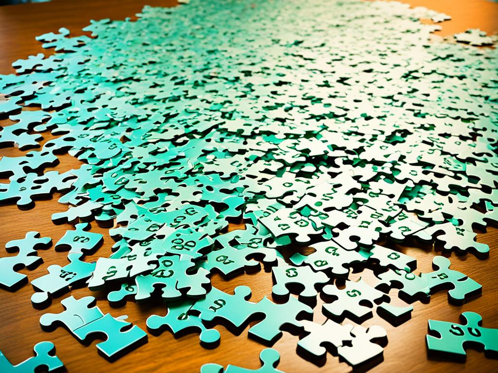 A jigsaw puzzle with pieces shaped like dollar signs scattered across a table, waiting to be put together.