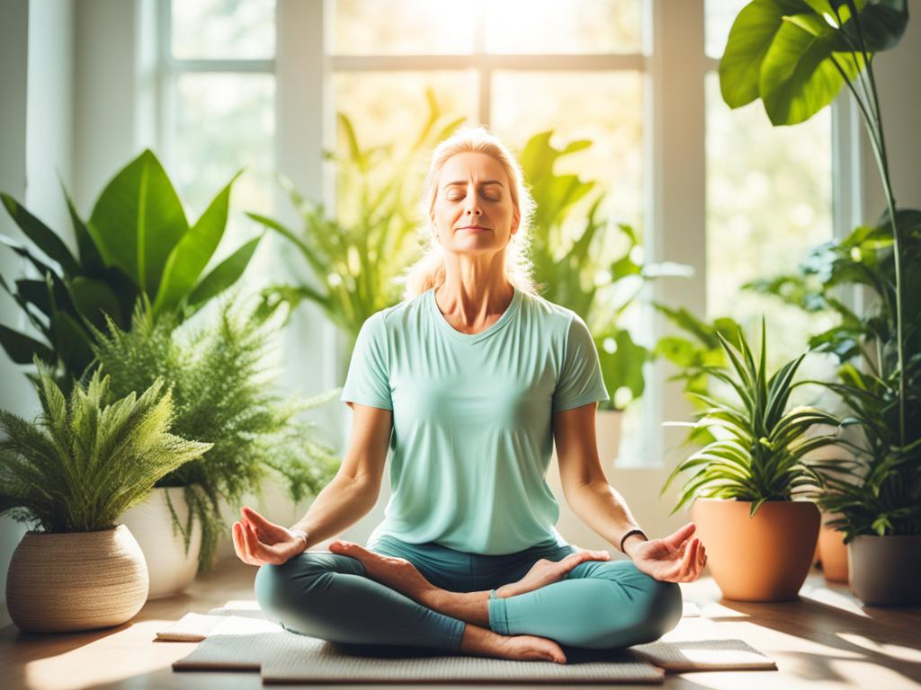 An image of a lady meditating in a clutter-free space, surrounded by natural elements like plants and sunlight. It shows the lady breathing deeply and feeling calm as she focus on her present moment, free from financial worries and stress. It uses pastel colors to evoke a soothing atmosphere and emphasize the benefits of below one's means.