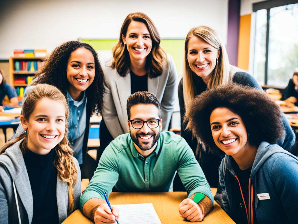 An image of a teacher with diverse students from different cultural backgrounds working together in harmony.