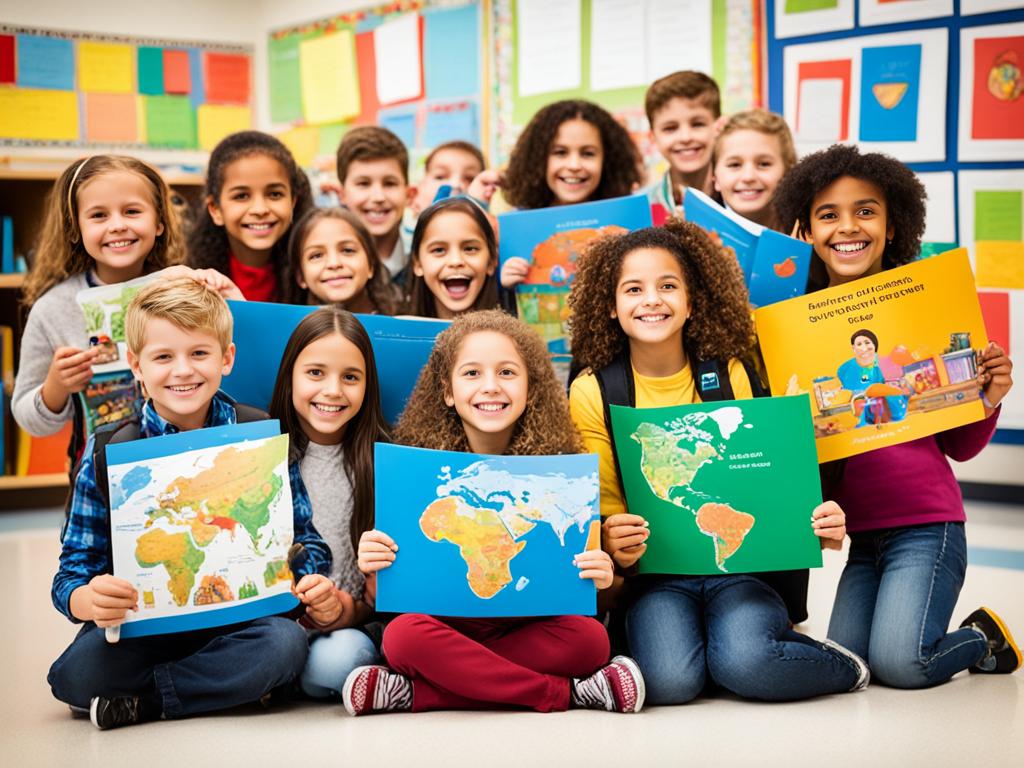 Culturally Responsive Teaching: An image of a diverse group of students engaged in learning about different cultures and traditions in their curriculum. The classroom setting showcases different cultural artifacts and materials, such as books, maps, and art. The students are smiling with each other, showing a sense of curiosity and respect towards their peers' backgrounds. The overall atmosphere conveys inclusivity, openness, and appreciation for diversity.