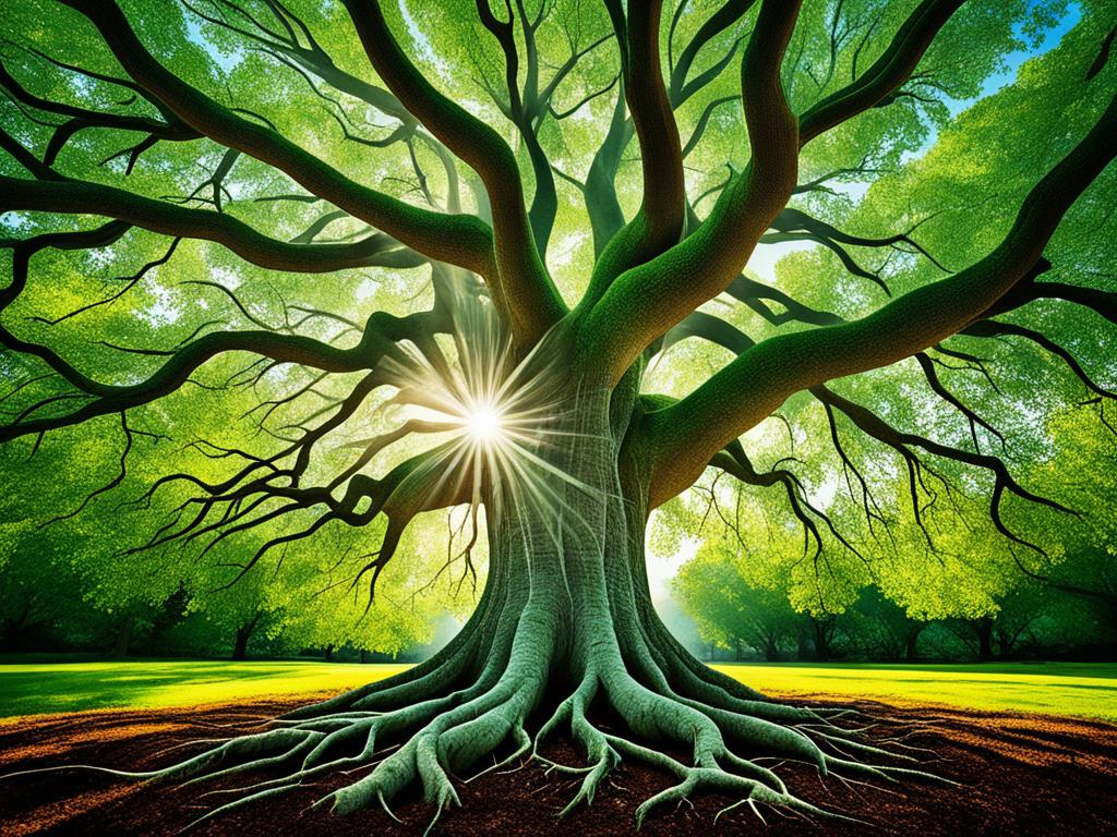 An image of a tree with roots stretching deep into the ground, while branches reach high into the sky. The trunk of the tree is filled with words, representing a strong vocabulary foundation. The branches are full of leaves, each one representing a new word learned. Rays of sunshine shine down upon the tree, symbolizing the growth and expansion of one's vocabulary.