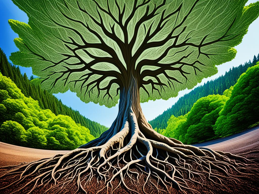 An image of a tree with roots spreading deep into the ground, branches reaching high into the sky, and leaves of various sizes and shapes blooming with words. Some leaves are small and simple while others are larger and more complex, representing the growth and development of vocabulary over time. The trees are surrounded by a diverse landscape, including mountains, oceans, and forests. The image conveys a sense of growth, expansion, and richness associated with language and vocabulary development.