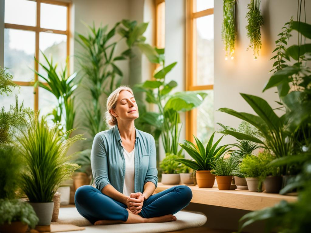 A lady sitting in a quiet room, surrounded by natural elements such as plants and flowers. The lady's eyes are closed, her hands resting on her lap as she focuses on her breath. The room is flooded with soft, warm light, and a sense of peace and tranquility emanates from the image.