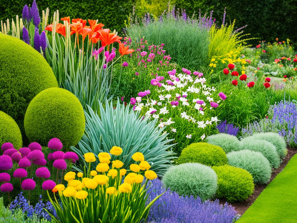 A garden with different types of flowers, each representing a different type of boundary in relationships.