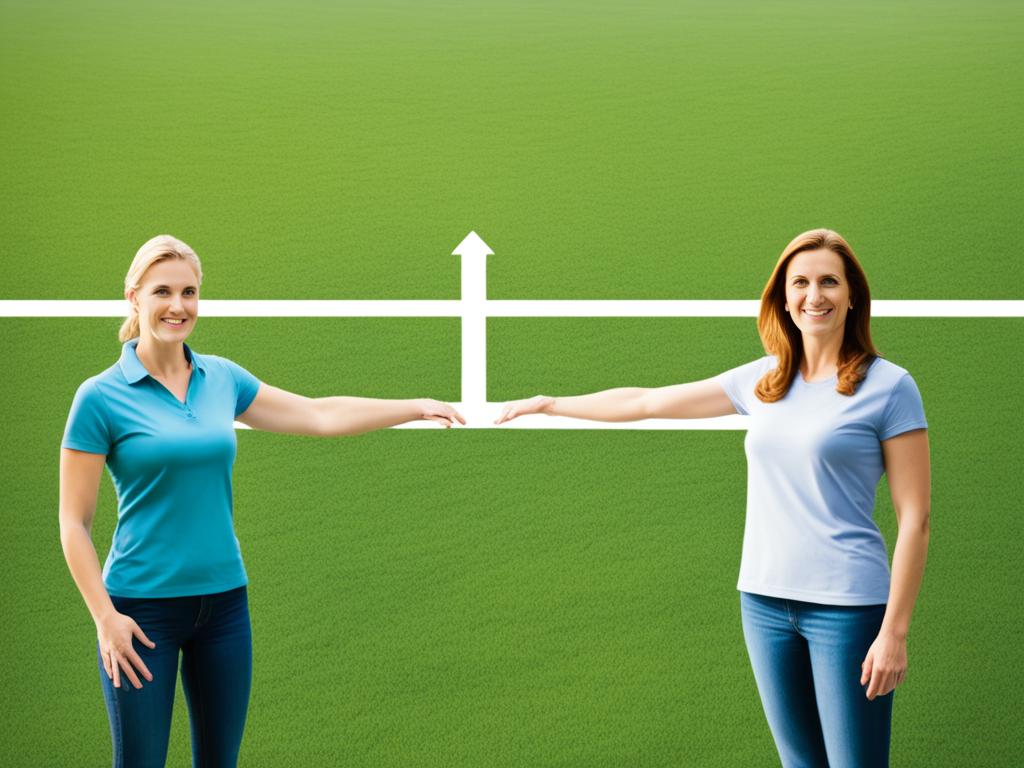 An image of two people standing on opposite sides of a clear boundary line. The line is distinct and visible, separating the two figures. The image conveys a sense of mutual respect and understanding while also emphasizing the importance and necessity of healthy boundaries in any relationship.