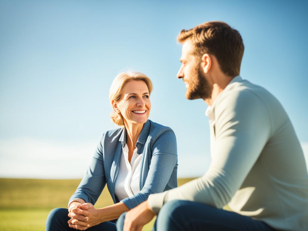 Two people sitting across from each other, facing each other in a calm and relaxed manner. They are maintaining eye contact and listening attentively to each other. There is an aura of mutual respect and understanding between them. The background has elements that suggest openness and transparency, such as clear skies and open fields.