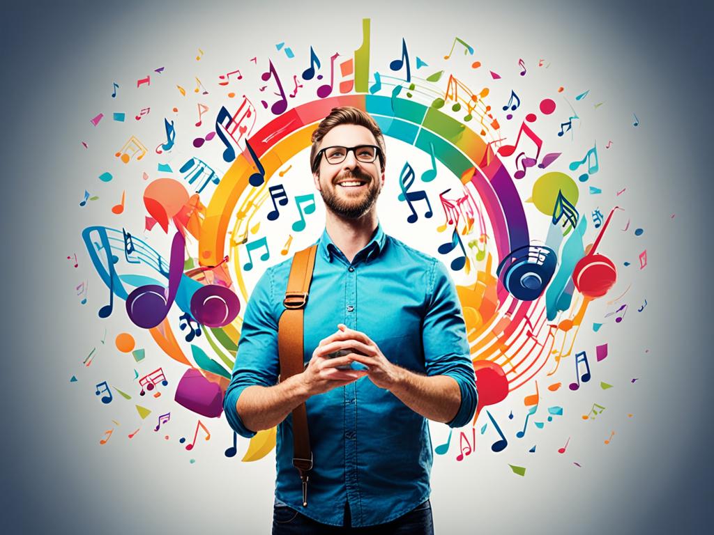 An image that conveys the connection between music, emotions, and productivity. It uses colors and shapes that evoke energy and movement. It also includes visual elements that suggest the power of music to lift moods and inspire action.