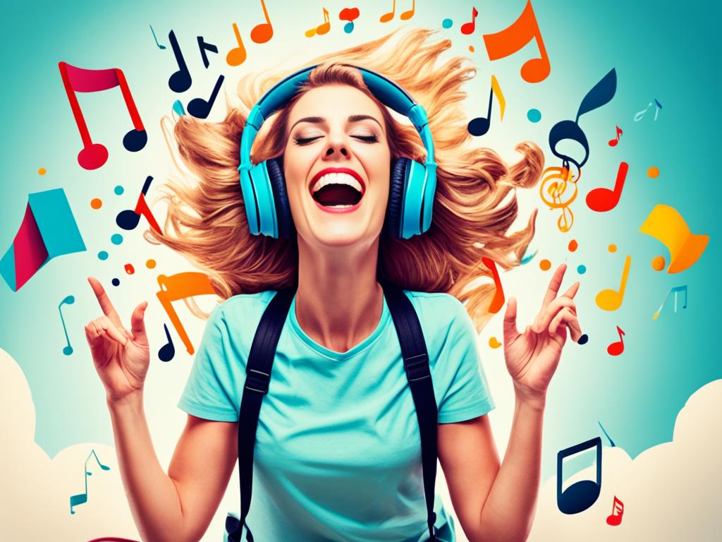 An image that showcases the positive effects of music on mood and productivity. Vibrant colors and playful shapes are used to capture the energy and liveliness that music can bring to everyday life. It includes common musical elements such as notes, headphones, and instruments to evoke a sense of familiarity and excitement. The image conveys the power of music to uplift our spirits and enhance our work.