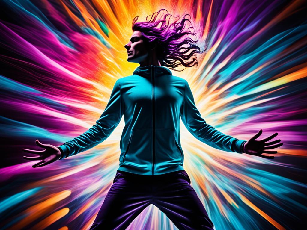 A vibrant burst of sound waves swirling around a focused figure in silhouette, surrounded by a colorful haze of energy.