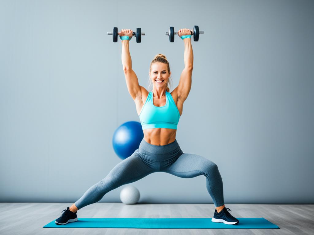 A lady doing a range of exercises, including cardio, weightlifting, and stretching, to create a balanced exercise routine. She is wearing comfortable workout clothes and using proper form in each exercise. The image conveys the importance of variety in a workout routine to achieve overall fitness.