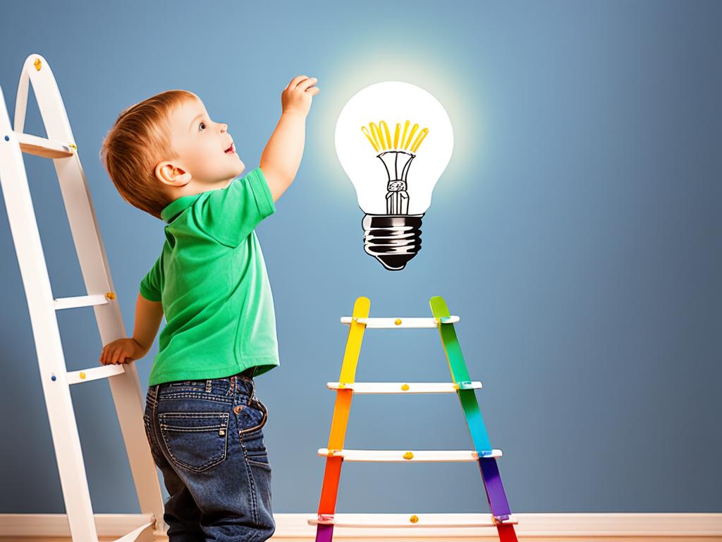 A child standing on a ladder, reaching for a bright light bulb to symbolize the importance of nurturing and fostering a child's curiosity and creativity in their development. The ladder represents the stages of growth and progress in a child's life, while the light bulb signifies their potential and future success. The background is colorful and vibrant, representing the joy and happiness that comes with raising a happy and well-adjusted child.