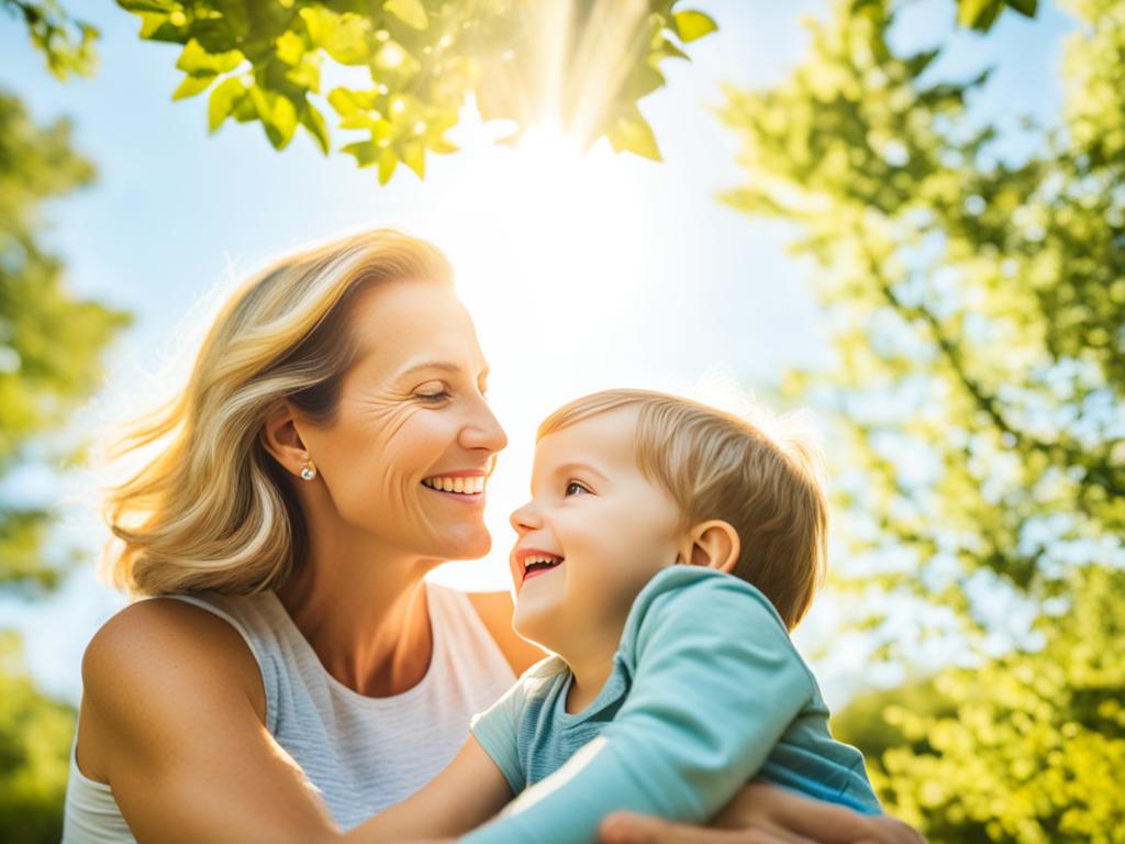 Parenting Styles: A parent and child sitting together outside, surrounded by nature, sharing a moment of connection and closeness. The parent has an arm around the child, who is smiling and looking up at the sky in wonder. The sun is shining down on them, casting a warm glow. The trees and flowers around them are vibrant and lush, suggesting growth and nurturing.