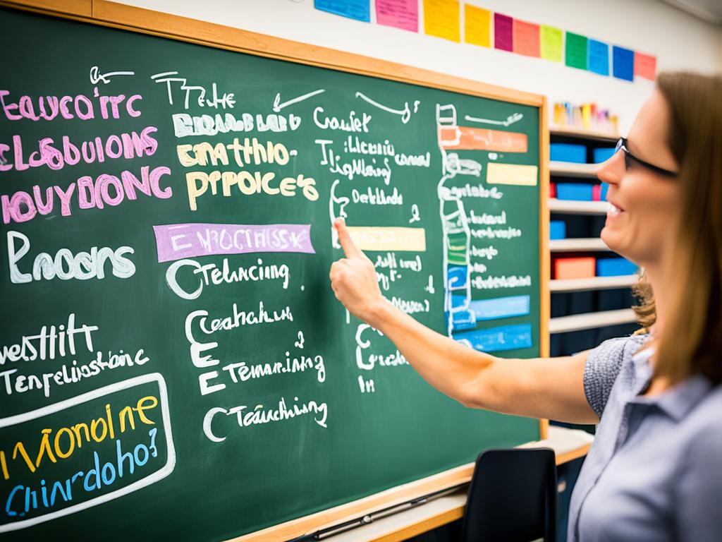 A chalkboard with a variety of colorful teaching methods written on it, such as group discussions, hands-on projects, use of technology, and visual aids. A teacher stands in front of the board, pointing to each method and engaging with students who are eagerly listening and raising their hands to participate. In the background, shelves are stocked with books and educational materials. The overall atmosphere is one of dynamic and engaging learning.