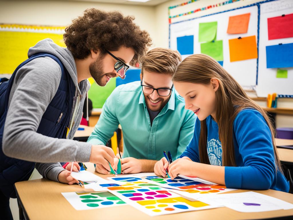 A group of students in a classroom, each engaged in their own learning activity. One student is working independently on a project, while another is collaborating with a group. The teacher is facilitating and observing but not directing the students' activities. The environment is colorful, stimulating, and conducive to exploration and creativity.