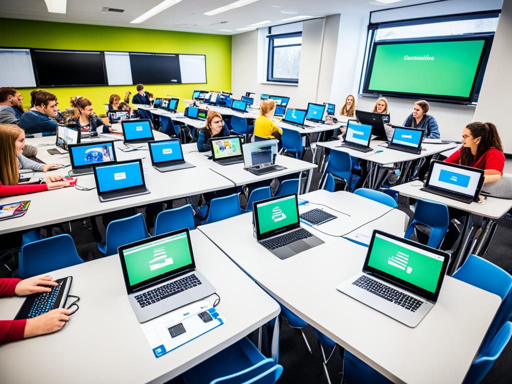 A modern classroom with a variety of digital tools and devices, such as laptops, tablets, smartboards, and projectors, all being used simultaneously by engaged students.