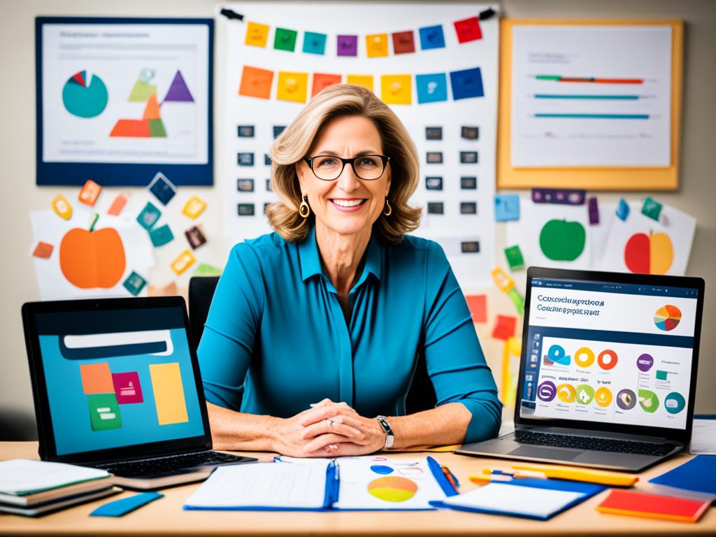 An image of a teacher in front of a computer screen, with various teaching tools and materials around her. The screen shows a virtual classroom filled with engaged students from various backgrounds. The teacher appears confident and enthusiastic as she interacts with her students through the screen. The overall tone of the image conveys a sense of accessibility, flexibility, and empowerment that online teaching jobs provide for both teachers and students.