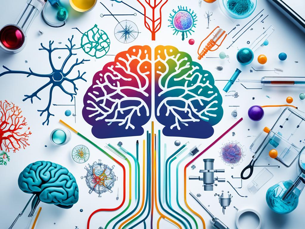 Neuroscience: A brain-shaped diagram with colorful neural pathways branching out, surrounded by scientific equipment and tools such as microscopes, test tubes, and brain scans.