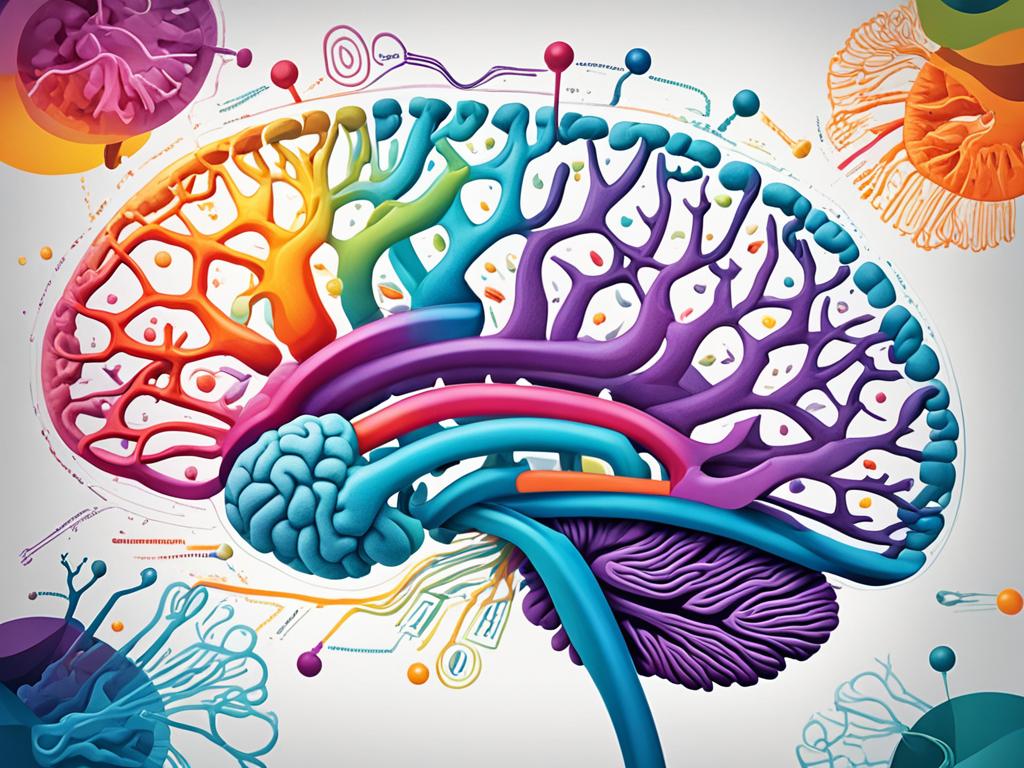 An abstract image that features various structures of the brain, such as the hippocampus, amygdala, and prefrontal cortex. It uses a vibrant color palette and overlapping shapes to convey the complexity and interconnectedness of these structures.