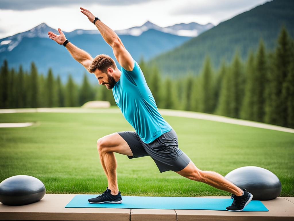 A young man performing a variety of exercises, including stretching, cardio, and yoga, to create a balanced exercise routine. The background emphasizes the importance of balance and variety in a workout, with the image of an outdoor scenery.